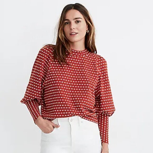Madewell Tops - Madewell Puff-Sleeve Mockneck Top in Bow-Tie Jacquard Color Etruscan Clay Size S